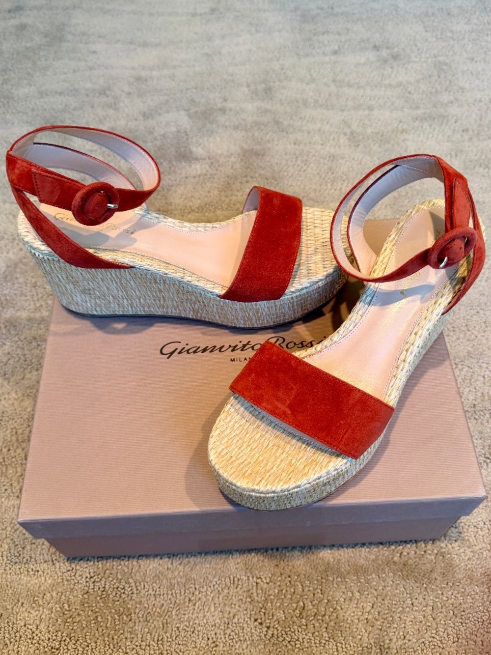 🧱 Gianvito Rossi Suede Wedge Sandals In Brick Red - Worn Once - Size 39 🧱